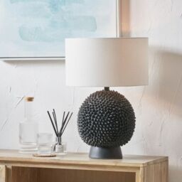 Ruma Black Ceramic Sea Urchin Table Lamp with White Handloom Cylinder Shade - thumbnail 1