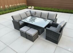 Fimous High Back Rattan Corner Sofa Sets Adjustable Rising Table 9 Seater in Dark Grey - thumbnail 1