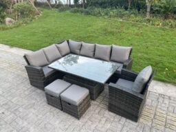 Fimous High Back Rattan Corner Sofa Sets Adjustable Rising Table 9 Seater in Dark Grey - thumbnail 2