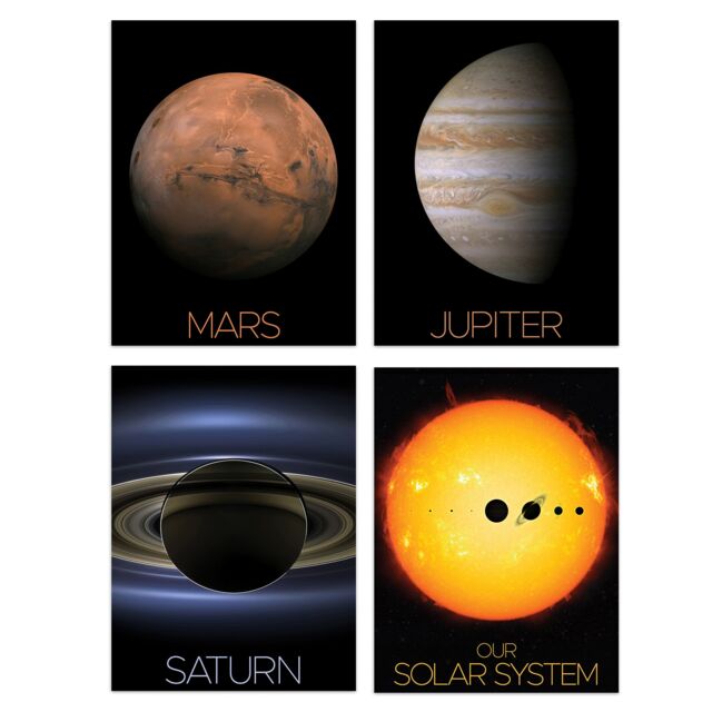 Artery8 Wall Art Print Pack of 4 NASA Our Solar System The Sun & Planets Size Comparison Mars Jupiter Saturn Images Living Room s Set - image 1