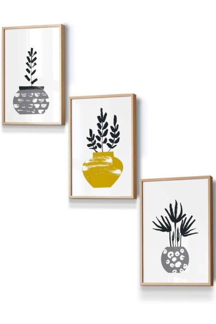 ARTZE Scandi Yellow Grey Cactus Pots Framed Wall Art - Small in Light Oak - Size: W33 cm x H45 cm x D20mm - image 1