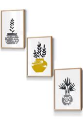 ARTZE Scandi Yellow Grey Cactus Pots Framed Wall Art - Small in Light Oak - Size: W33 cm x H45 cm x D20mm