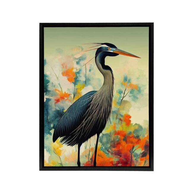 "Artery8 Heron Bird In Flower Field Framed Canvas Wall Art Print - Size: W18"" x H24""" - image 1