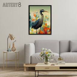 "Artery8 Heron Bird In Flower Field Framed Canvas Wall Art Print - Size: W18"" x H24""" - thumbnail 3