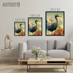 "Artery8 Heron Bird In Flower Field Framed Canvas Wall Art Print - Size: W18"" x H24""" - thumbnail 4