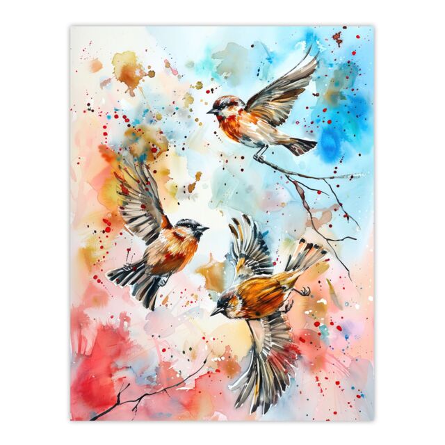 "Artery8 Three Birds in Flight Watercolour Painting Wall Art Print in Blue - Size: W24"" x H32""" - image 1