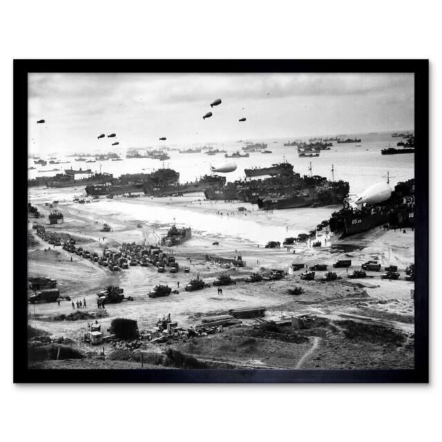 "Artery8 WWII War US Landing Ships Omaha Beach D-day 1944 Framed Wall Art Print in Grey - Size: W12"" x H16""" - image 1