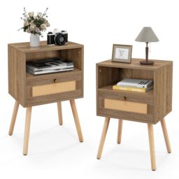 Costway 2 Pcs Rattan Nightstand Set Boho End Table Compact Bedside Table in Natural