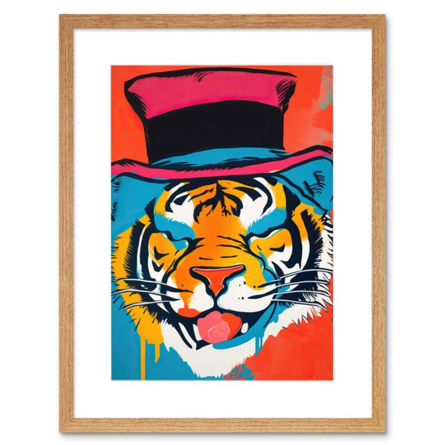 "Artery8 Wall Art Print Tiger Head Wearing Pink Top Hat Modern Pop Artwork Framed 9X7 Inch in Beige - Size: W7"" x H9""" - image 1
