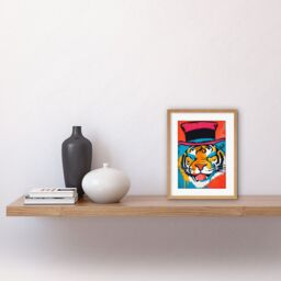 "Artery8 Wall Art Print Tiger Head Wearing Pink Top Hat Modern Pop Artwork Framed 9X7 Inch in Beige - Size: W7"" x H9""" - thumbnail 2