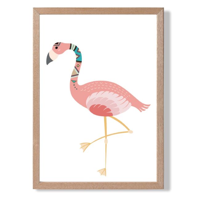 ARTZE Flamingo Tribal Animal Framed Print SIZE: A3 with Oak Frame in Pink - Size: A4 - image 1