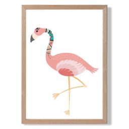ARTZE Flamingo Tribal Animal Framed Print SIZE: A3 with Oak Frame in Pink - Size: A4