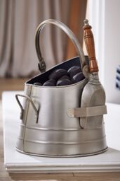Dibor Antique Style Silver Fireplace Coal & Log Storage Bucket & Shovel H29 x W29cm