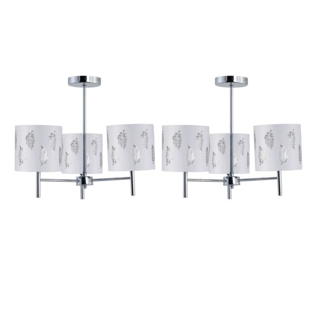 First Choice Lighting Set of 2 Brea - Chrome 3 Light Fittings with White Fern Shades in Silver