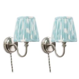 ValueLights Pair of - Plug in Brushed Chrome Easy Fit Wall Lights with Blue Pleated Fabric Tapered Lampshade - thumbnail 2