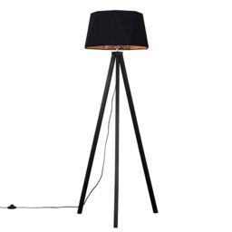ValueLights Barbro Black Wood Tripod Floor Lamp with Black & Copper Shade