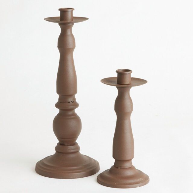 Bloom Set of 2 Antique Finish Rustic Candleholders for Real or Faux Candles - Large H31 x 12cm, Small H20 x 9.5cm in Brown - Size: 31 x 12 cm - image 1