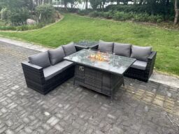 Fimous Outdoor Rattan Gas Fire Pit Dining Table Sets Gas Heater Side Table 6 Seater in Dark Grey - thumbnail 1