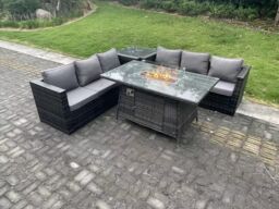 Fimous Outdoor Rattan Gas Fire Pit Dining Table Sets Gas Heater Side Table 6 Seater in Dark Grey - thumbnail 3