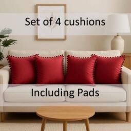 Luxury Living Set of 4 Velvet Cushions with Pom Trim with pads in Burgundy - Size: 43 cm x 43 cm - thumbnail 2