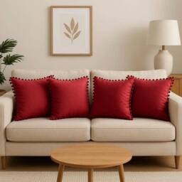 Luxury Living Set of 4 Velvet Cushions with Pom Trim with pads in Burgundy - Size: 43 cm x 43 cm - thumbnail 8