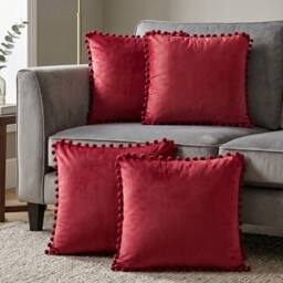 Luxury Living Set of 4 Velvet Cushions with Pom Trim with pads in Burgundy - Size: 43 cm x 43 cm - thumbnail 4