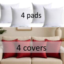 Luxury Living Set of 4 Velvet Cushions with Pom Trim with pads in Burgundy - Size: 43 cm x 43 cm - thumbnail 5
