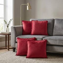 Luxury Living Set of 4 Velvet Cushions with Pom Trim with pads in Burgundy - Size: 43 cm x 43 cm