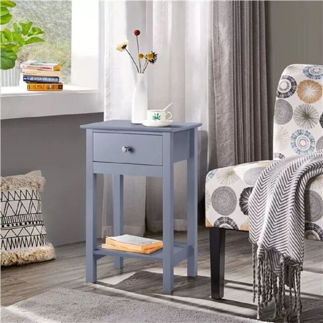 EONLION Grey Wooden Bedside Table, Drawer & Shelf Nightstand for Bedroom - image 1