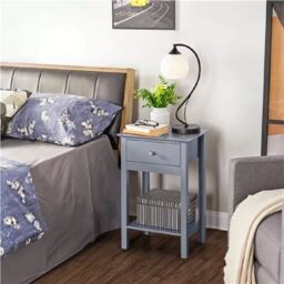 EONLION Grey Wooden Bedside Table, Drawer & Shelf Nightstand for Bedroom - thumbnail 3