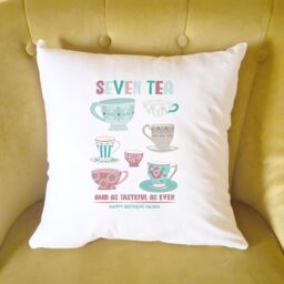 Afewhometruths Personalised 70th Birthday Gift Cushion for Tea Lover in White - Size: 40 cm x 40 cm - thumbnail 3