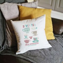 Afewhometruths Personalised 70th Birthday Gift Cushion for Tea Lover in White - Size: 40 cm x 40 cm - thumbnail 4