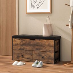 Costway Wooden Storage Ottoman Bench Flip Top Storage Chest w/ 2 Drawers in Brown - thumbnail 6