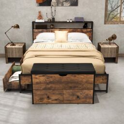 Costway Wooden Storage Ottoman Bench Flip Top Storage Chest w/ 2 Drawers in Brown - thumbnail 5