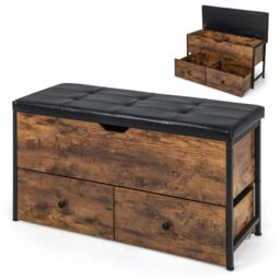 Costway Wooden Storage Ottoman Bench Flip Top Storage Chest w/ 2 Drawers in Brown