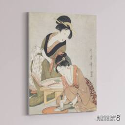 "Artery8 Women Preparing Sashimi Canvas Wall Art Print Utamaro Kitagawa in Khaki - Size: W24"" x H32""" - thumbnail 2