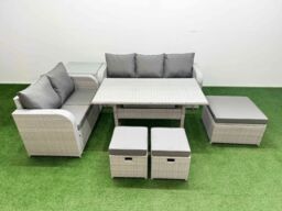 Fimous 8 Seater PE Rattan Wicker Garden Furniture Patio Conservatory Sofa Set w/ Rectangular Dining Table 3 Seater Sofa Love Sofa 3 Stool Side Table - thumbnail 2