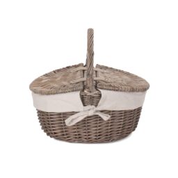 Red Hamper Wicker Small Antique Wash Finish Oval Picnic Basket with Cotton Lining in White - thumbnail 2
