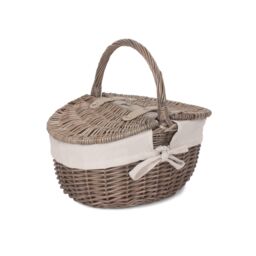 Red Hamper Wicker Small Antique Wash Finish Oval Picnic Basket with Cotton Lining in White - thumbnail 1