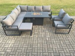 Fimous Aluminium 10 Seater Garden Furniture Outdoor Set Patio Lounge Sofa Gas Fire Pit Dining Table Set with 2 Chairs Big Footstool Dark Grey - thumbnail 2