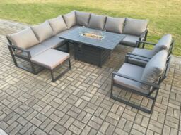 Fimous Aluminium 10 Seater Garden Furniture Outdoor Set Patio Lounge Sofa Gas Fire Pit Dining Table Set with 2 Chairs Big Footstool Dark Grey - thumbnail 1