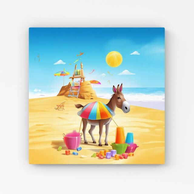 Warren Reed - Designer Donkey On A Beach Holiday Canvas in Yellow - Size: w10 inch x h10 inch - image 1