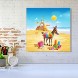Warren Reed - Designer Donkey On A Beach Holiday Canvas in Yellow - Size: w10 inch x h10 inch - thumbnail 2