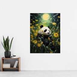 Artery8 Wall Art Print Midsummer Night's Panda Dream Oil Painting Panda Bear in a Full Moon Sunflower Field Landscape Kids Bedroom Poster - thumbnail 2