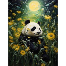 Artery8 Wall Art Print Midsummer Night's Panda Dream Oil Painting Panda Bear in a Full Moon Sunflower Field Landscape Kids Bedroom Poster - thumbnail 1