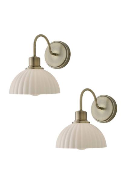ValueLights Bourton Pair of Cream Ribbed Dome Wall Lights & Bulbs in Gold - image 1