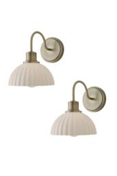 ValueLights Bourton Pair of Cream Ribbed Dome Wall Lights & Bulbs in Gold