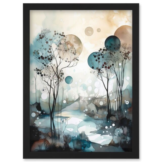 Artery8 Snowfall over Autumn Trees in Snowy River Dream Landscape Modern Watercolour Painting Artwork Framed Wall Art Print A4 in Black - image 1