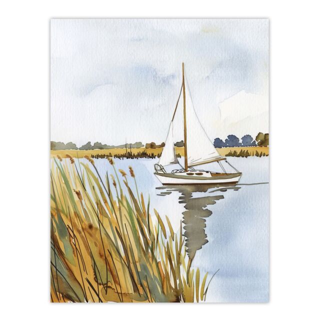 "Artery8 Norfolk Broads England River Sailboat Watercolour Wall Art Print in Light Blue - Size: W12"" x H16""" - image 1