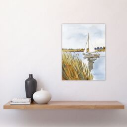 "Artery8 Norfolk Broads England River Sailboat Watercolour Wall Art Print in Light Blue - Size: W12"" x H16""" - thumbnail 4